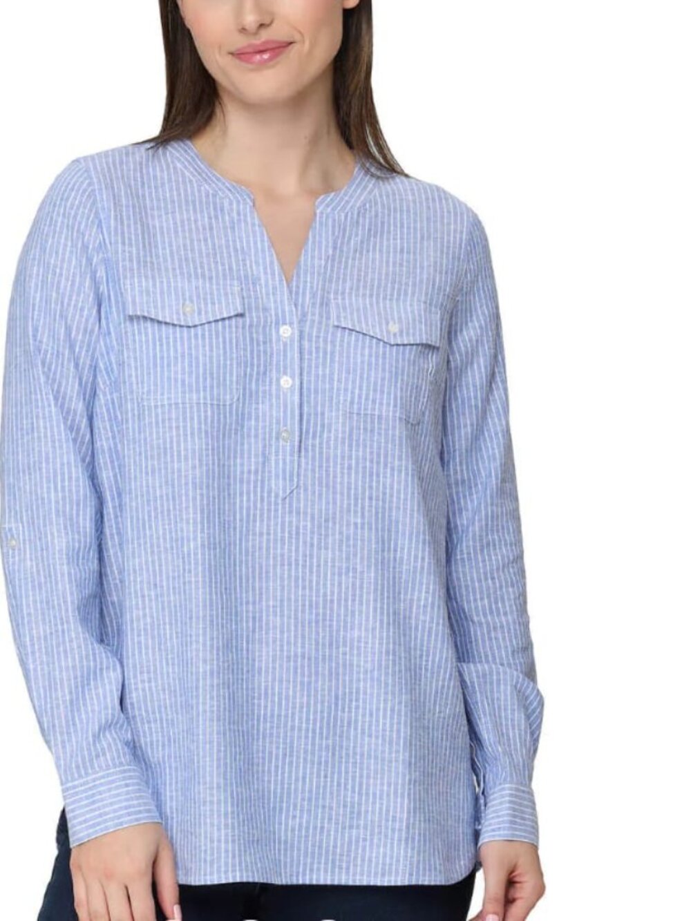 Tahari Linen Blend Blue and White Striped Top